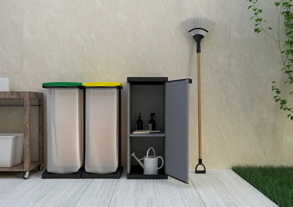 Shelves - Mongardi: Resin Cabinet with One Door and One Shelf, Easy to Assemble, Compact, Modular System, Indoor and Outdoor, 34W × 38.5D × 85H cm, Grey and Black - MONGARDI
