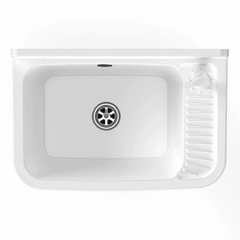 Lavabos - Mongardi : Évier multifonction en résine avec distributeur, Fixation murale, Résistant aux acides, Intérieur et Extérieur, 50L × 33,5P × 24H cm, Blanc - MONGARDI