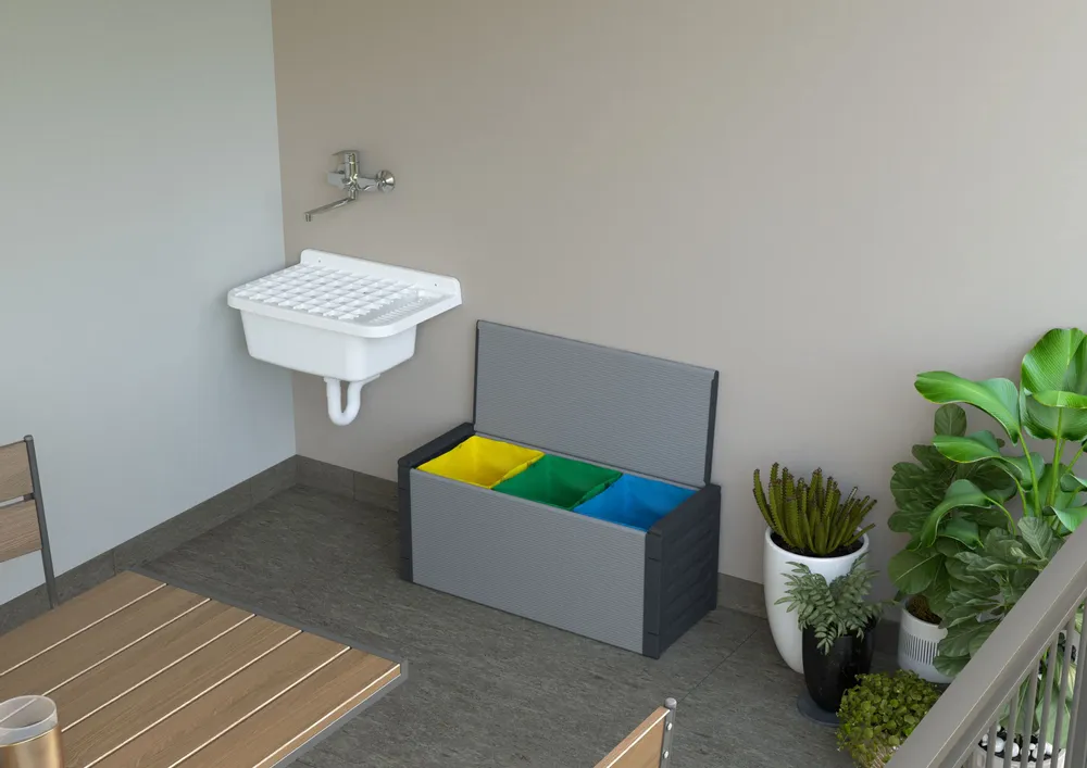 Etagères - Mongardi : Coffre en résine pour le tri sélectif, Avec sacs colorés, Facile à monter, Compact, Intérieur et Extérieur, 85L × 34P × 38H cm, Gris et Noir - MONGARDI