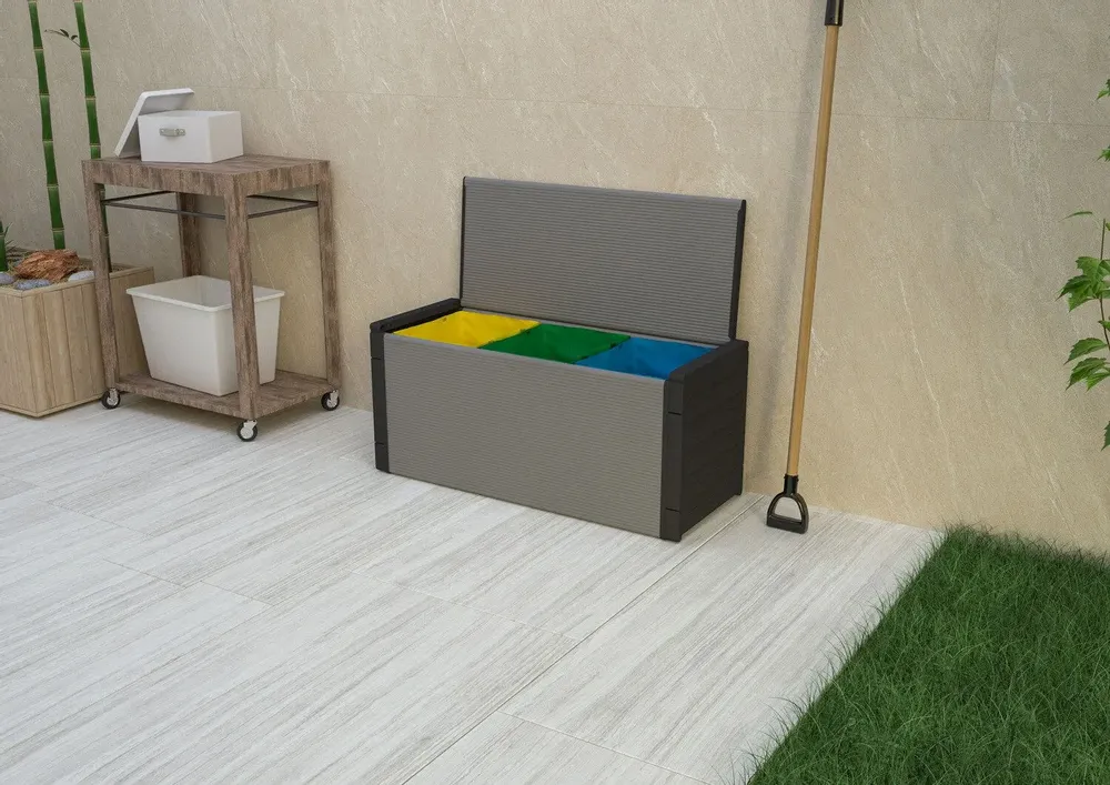 Etagères - Mongardi : Coffre en résine pour le tri sélectif, Avec sacs colorés, Facile à monter, Compact, Intérieur et Extérieur, 85L × 34P × 38H cm, Gris et Noir - MONGARDI