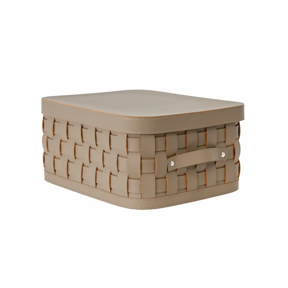 Baskets - Rectangular decorative storage basket in dark mink regenerated leather with lid - ANGEL CERDÁ