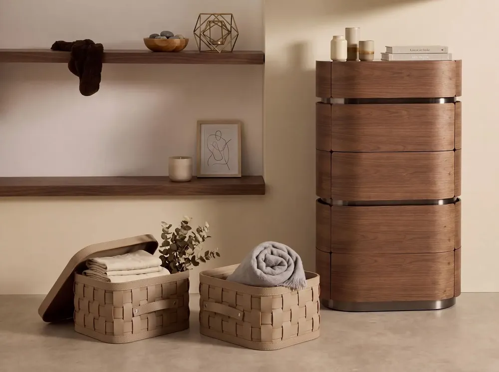 Baskets - Rectangular decorative storage basket in dark mink regenerated leather with lid - ANGEL CERDÁ
