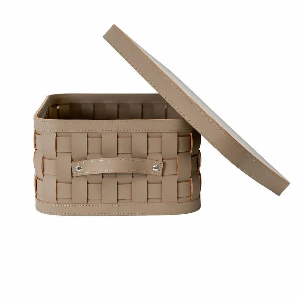 Baskets - Rectangular decorative storage basket in dark mink regenerated leather with lid - ANGEL CERDÁ