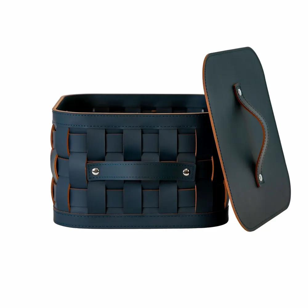 Baskets - Square decorative storage basket in dark blue regenerated leather with lid - ANGEL CERDÁ