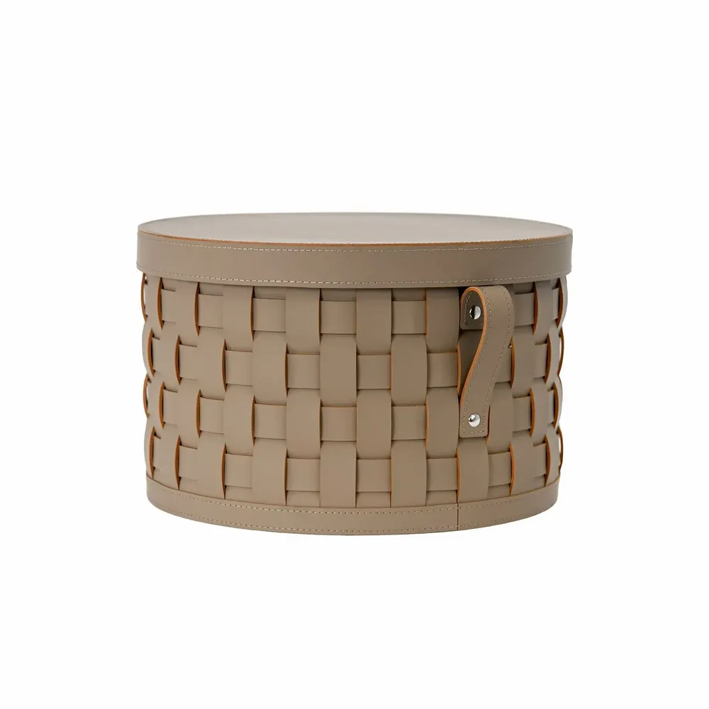 Corbeilles - Panier de rangement décoratif rond en cuir régénéré vison foncé avec couvercle - ANGEL CERDÁ