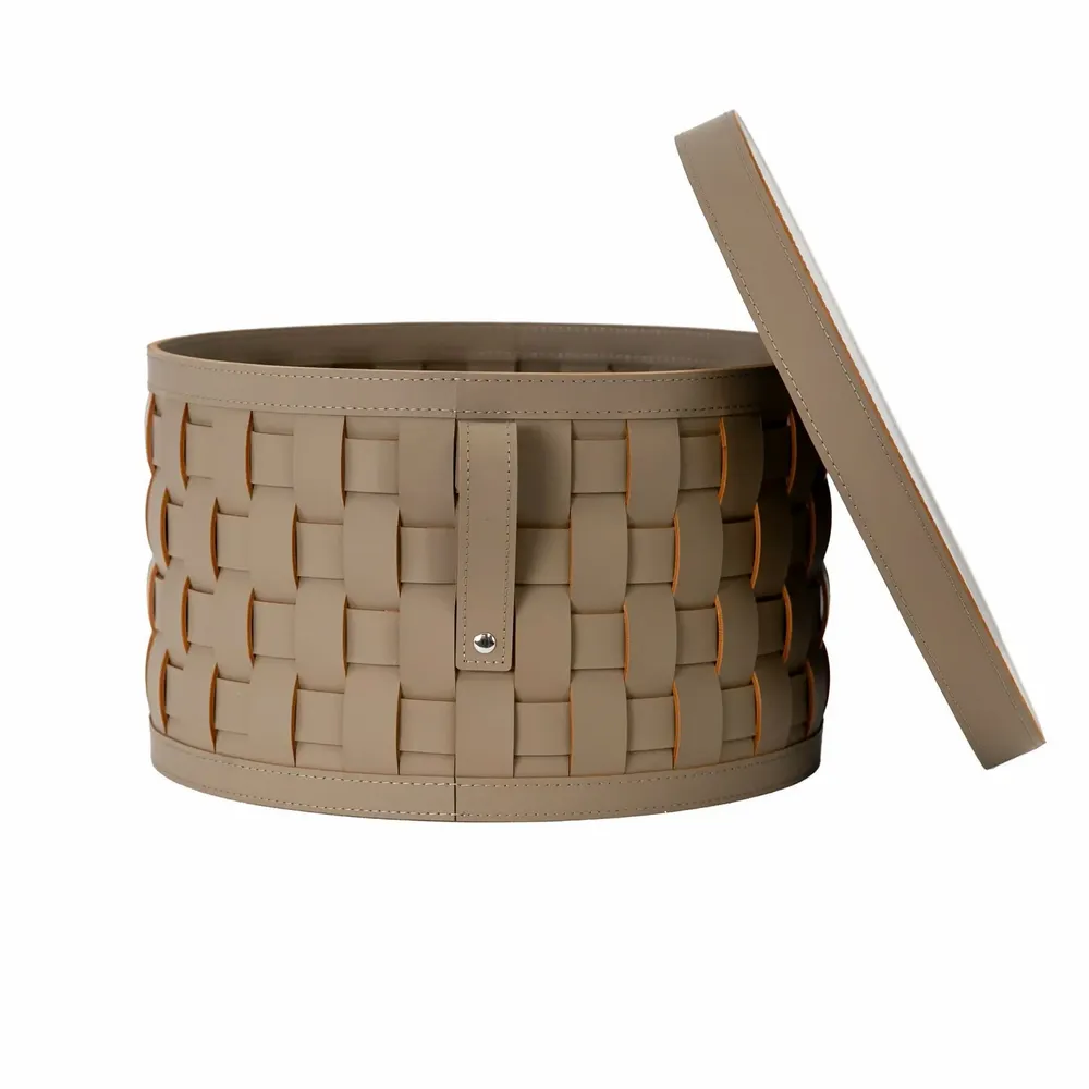 Corbeilles - Panier de rangement décoratif rond en cuir régénéré vison foncé avec couvercle - ANGEL CERDÁ