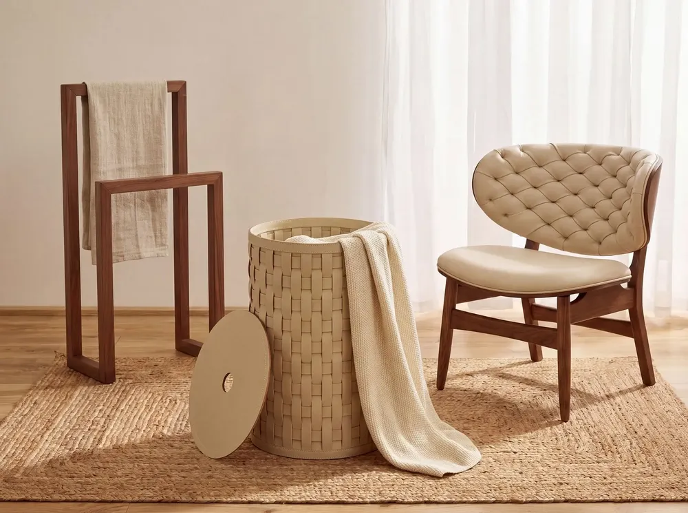 Corbeilles - Panier de rangement décoratif cylindrique en cuir régénéré couleur sable avec couvercle - ANGEL CERDÁ