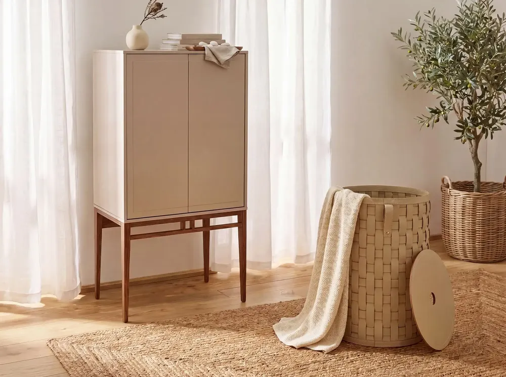 Corbeilles - Panier de rangement décoratif cylindrique en cuir régénéré couleur sable avec couvercle - ANGEL CERDÁ