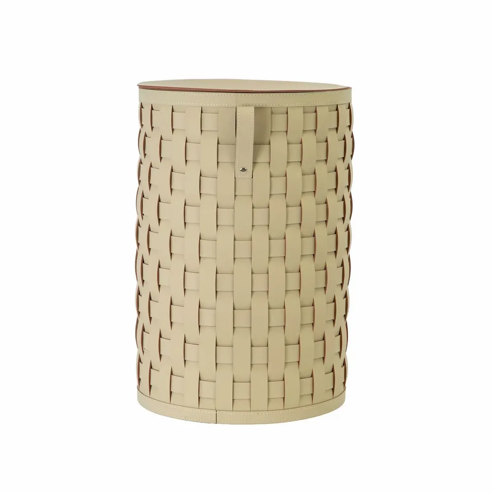Corbeilles - Panier de rangement décoratif cylindrique en cuir régénéré couleur sable avec couvercle - ANGEL CERDÁ