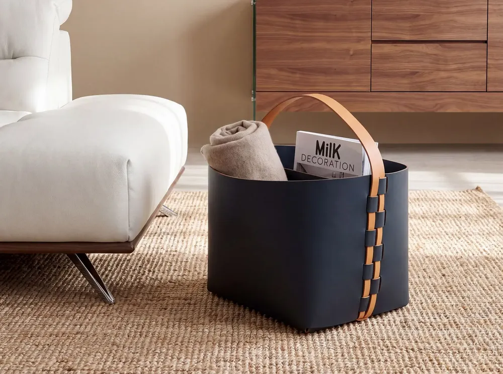 Baskets - Rectangular decorative storage basket in dark blue regenerated leather with handle - ANGEL CERDÁ