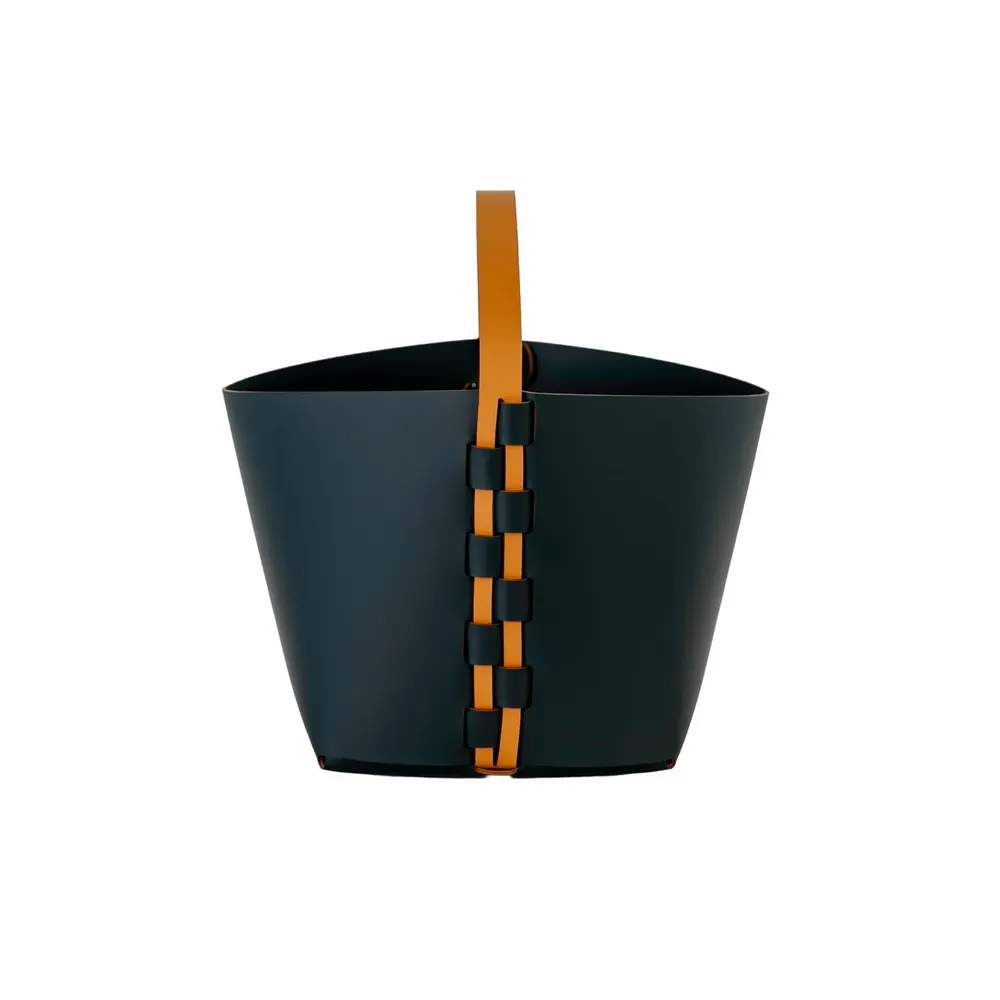 Baskets - Rectangular decorative storage basket in dark blue regenerated leather with handle - ANGEL CERDÁ