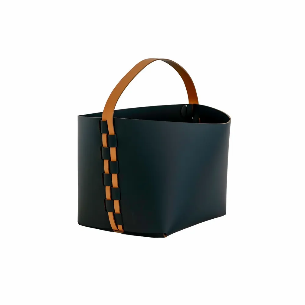 Baskets - Rectangular decorative storage basket in dark blue regenerated leather with handle - ANGEL CERDÁ
