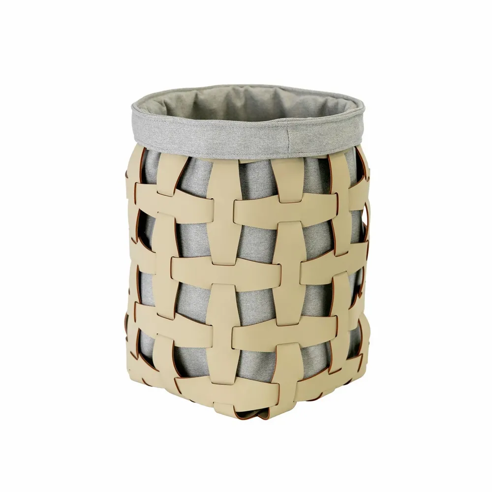 Baskets - Cylindrical decorative storage basket in sand-coloured regenerated leather - ANGEL CERDÁ