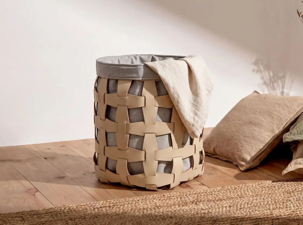 Baskets - Cylindrical decorative storage basket in sand-coloured regenerated leather - ANGEL CERDÁ
