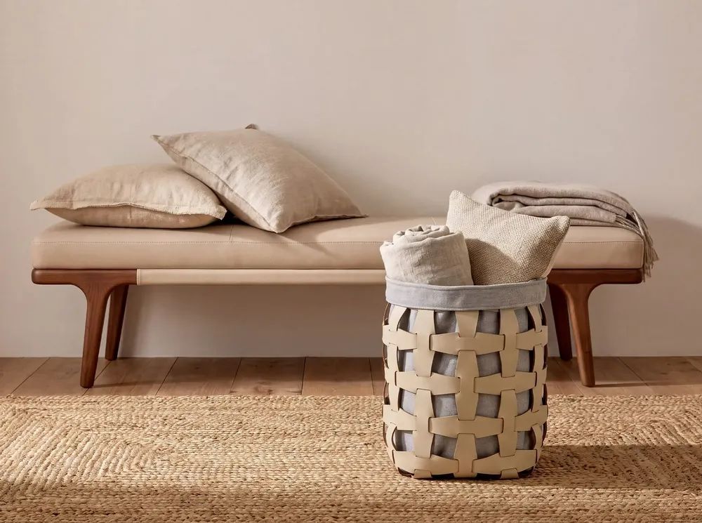 Baskets - Cylindrical decorative storage basket in sand-coloured regenerated leather - ANGEL CERDÁ