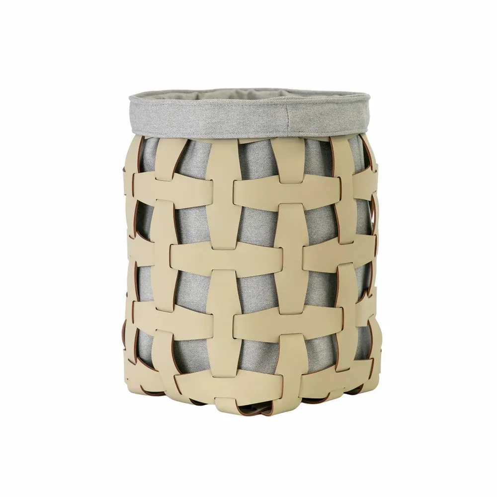 Baskets - Cylindrical decorative storage basket in sand-coloured regenerated leather - ANGEL CERDÁ