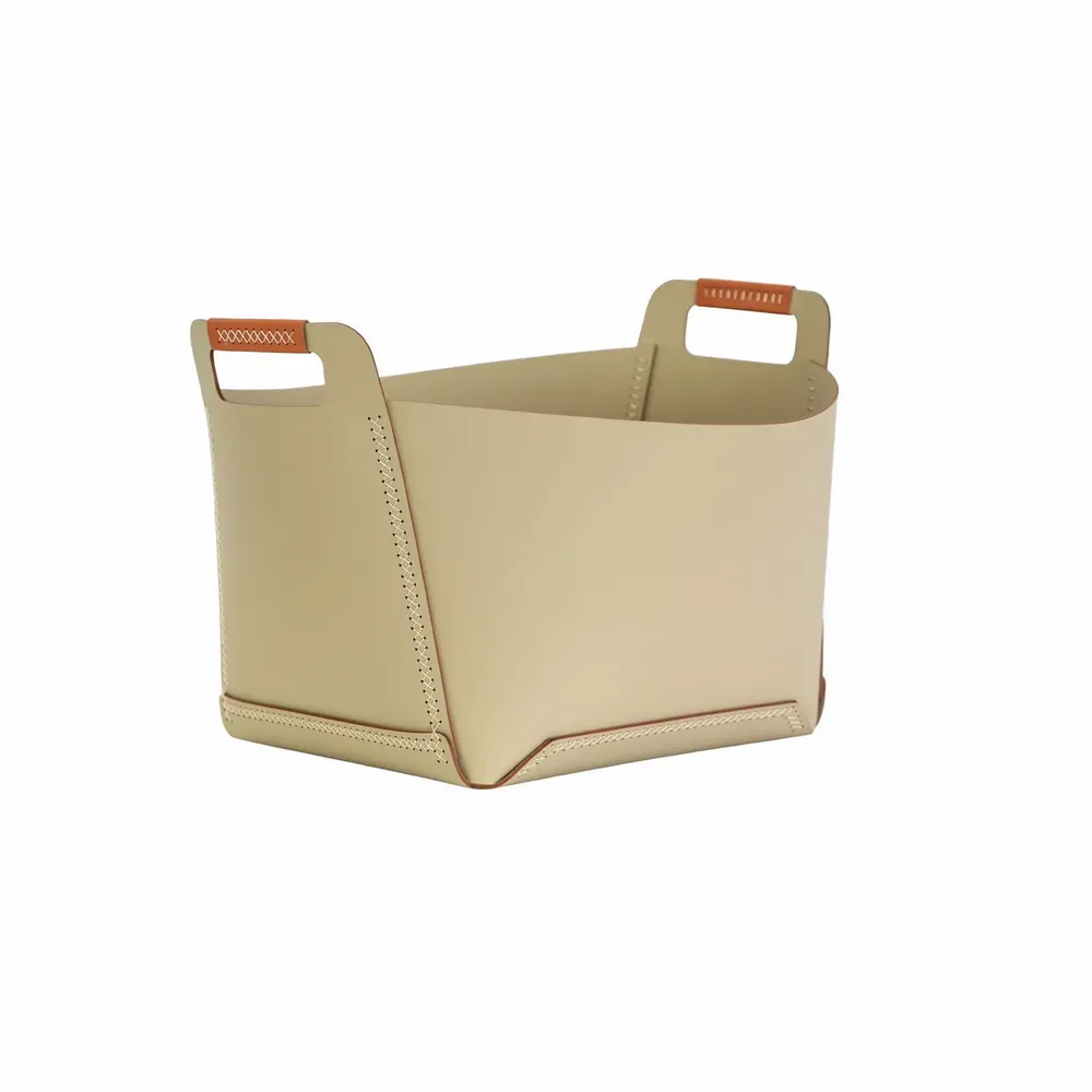 Baskets - Rectangular decorative storage basket in sand-coloured regenerated leather with handles - ANGEL CERDÁ