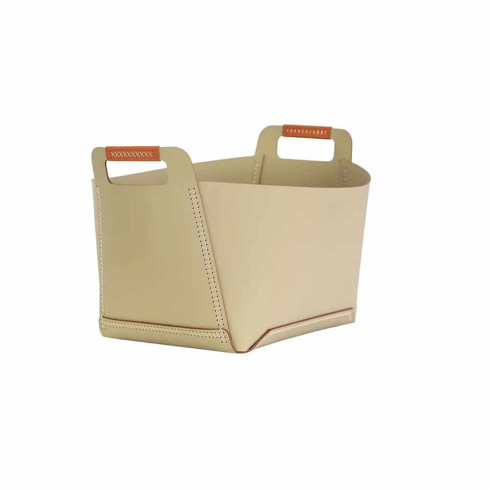 Baskets - Rectangular decorative storage basket in sand-coloured regenerated leather with handles - ANGEL CERDÁ