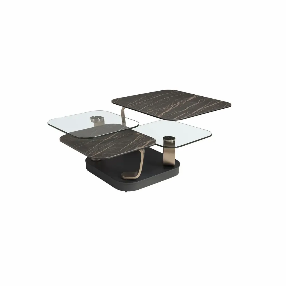 Coffee tables - Square extendable coffee table in tempered glass and porcelain marble, gold-coloured steel and black steel - ANGEL CERDÁ