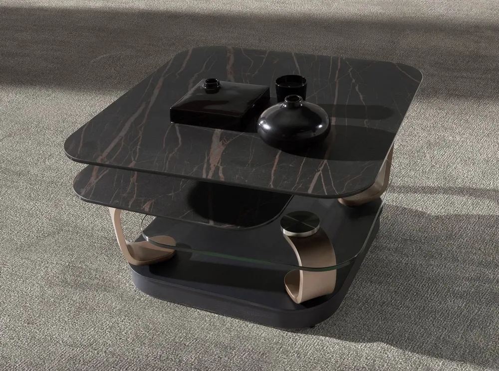 Coffee tables - Square extendable coffee table in tempered glass and porcelain marble, gold-coloured steel and black steel - ANGEL CERDÁ
