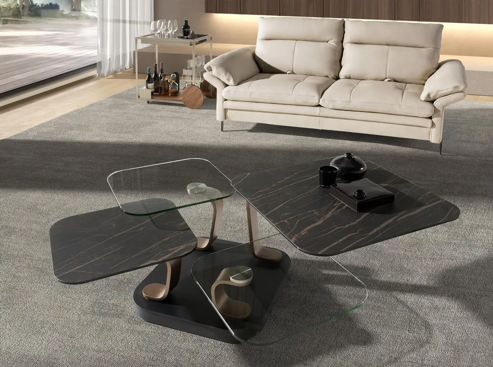 Coffee tables - Square extendable coffee table in tempered glass and porcelain marble, gold-coloured steel and black steel - ANGEL CERDÁ
