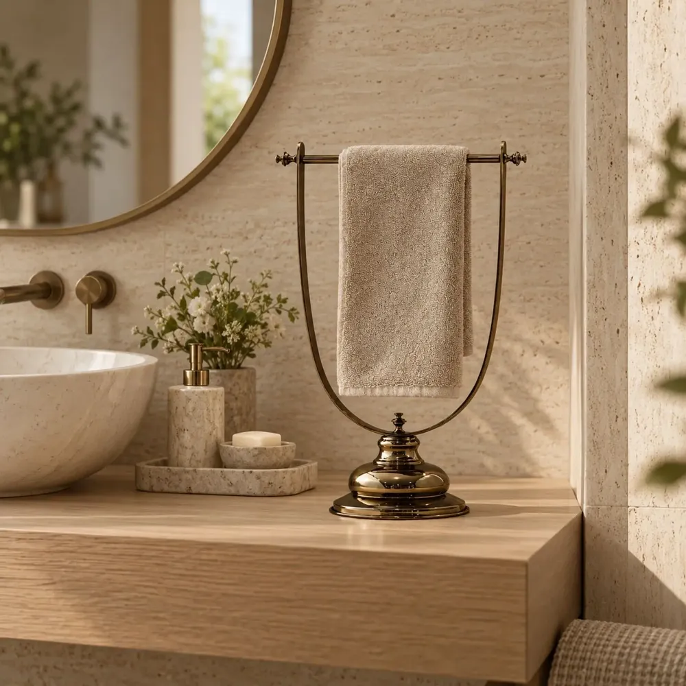 Chambres d'hôtels - Porte-Serviettes sur Pied en Laiton Artisanal – Support pour Serviette - BELS & PEARL