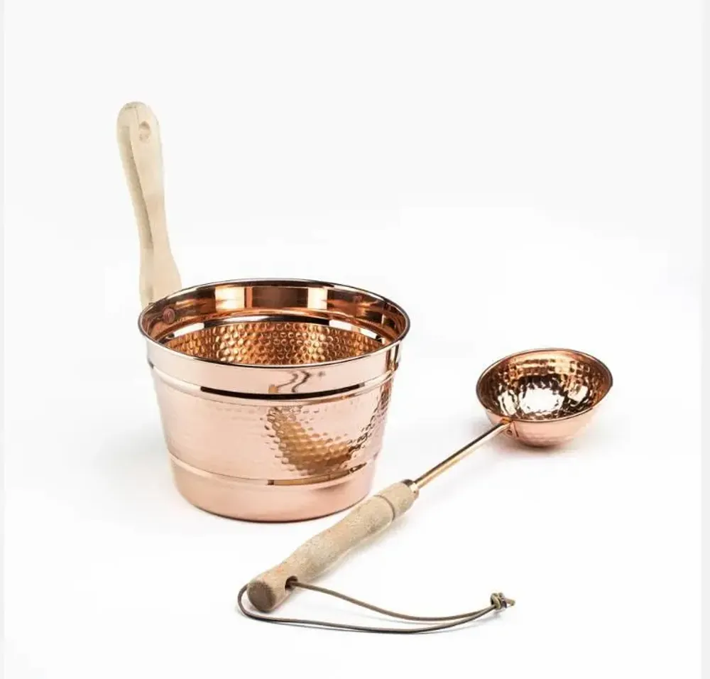 Spa - Handcrafted Hammered Copper Sauna Bucket & Ladle Set – 3L with Wooden - BELS & PEARL