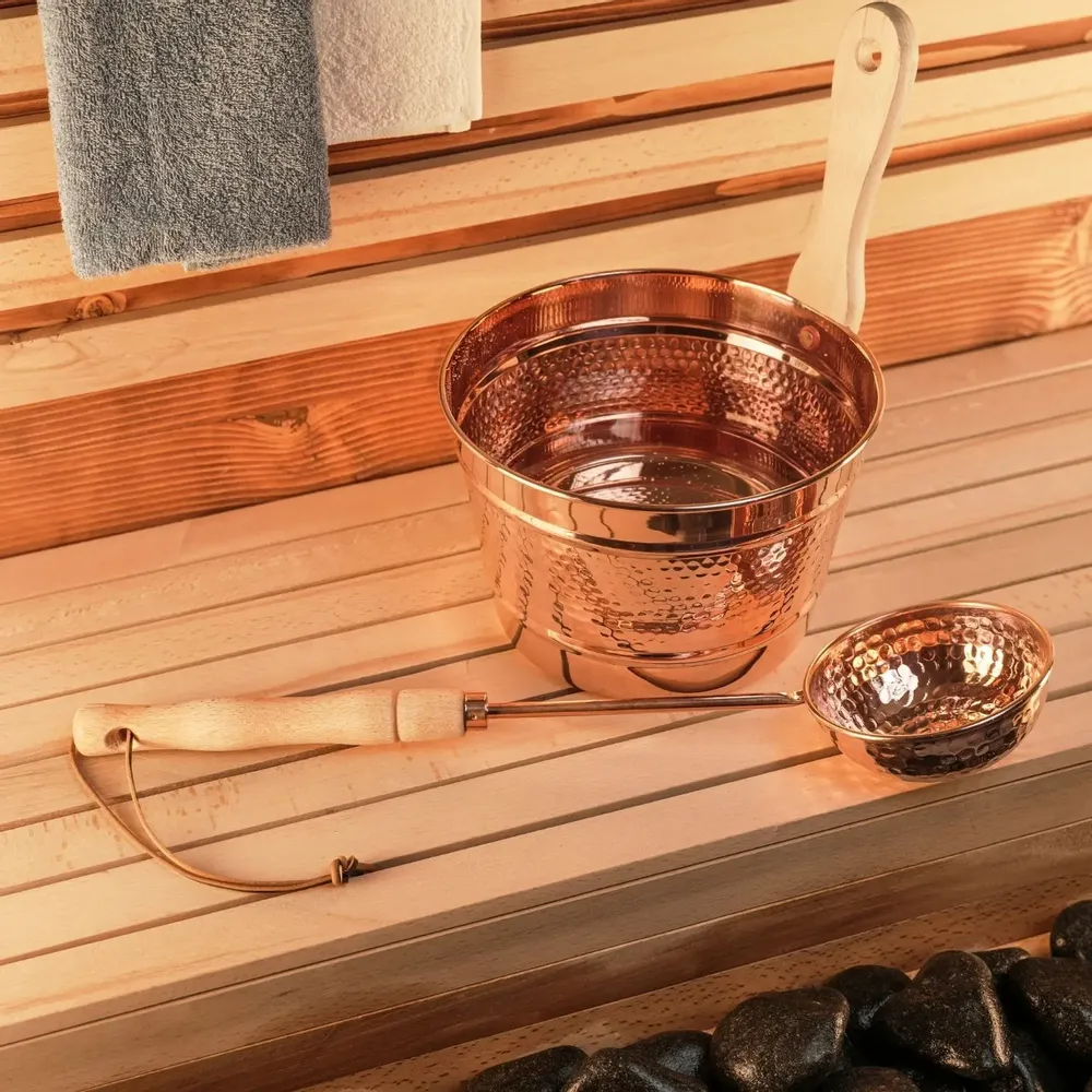 Spa - Handcrafted Hammered Copper Sauna Bucket & Ladle Set – 3L with Wooden - BELS & PEARL