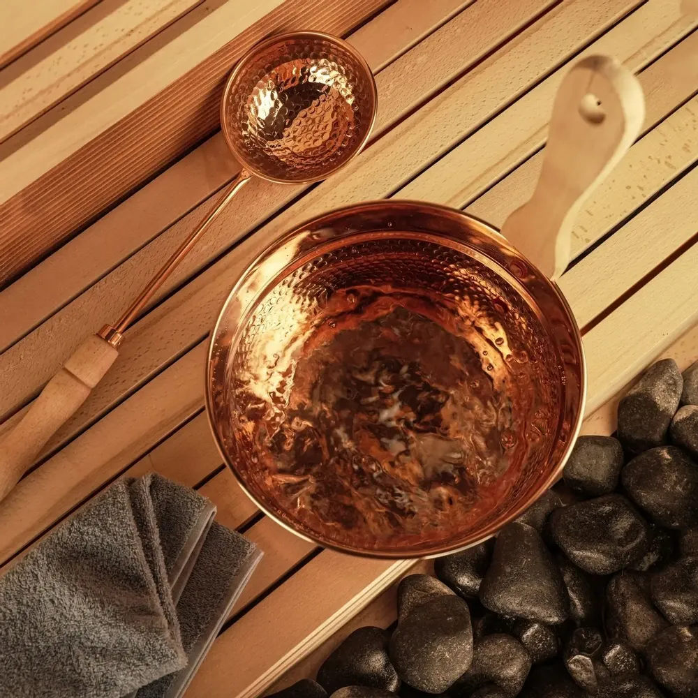 Spa - Handcrafted Hammered Copper Sauna Bucket & Ladle Set – 3L with Wooden - BELS & PEARL