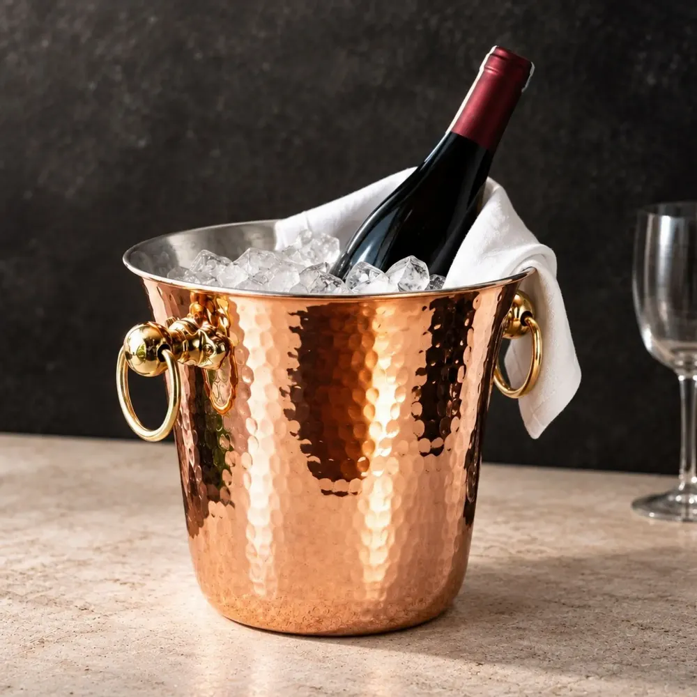 Wine accessories - Handcrafted Hammered Copper Wine & Ice Bucket with Solid Brass Handles - BELS & PEARL