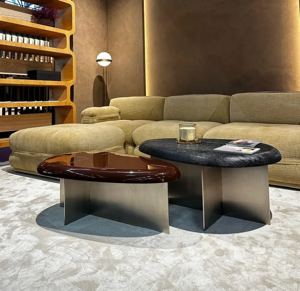 Tables for hotels - Mask oval Coffee Table L Sandblasted Oak, Brushed Stainless Steel Base - DUISTT