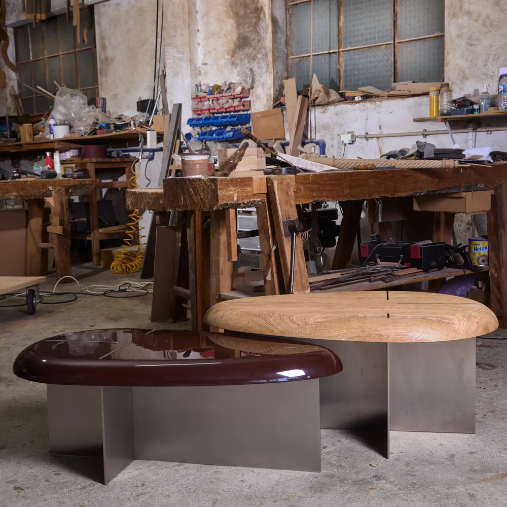 Tables for hotels - Mask oval Coffee Table L Sandblasted Oak, Brushed Stainless Steel Base - DUISTT