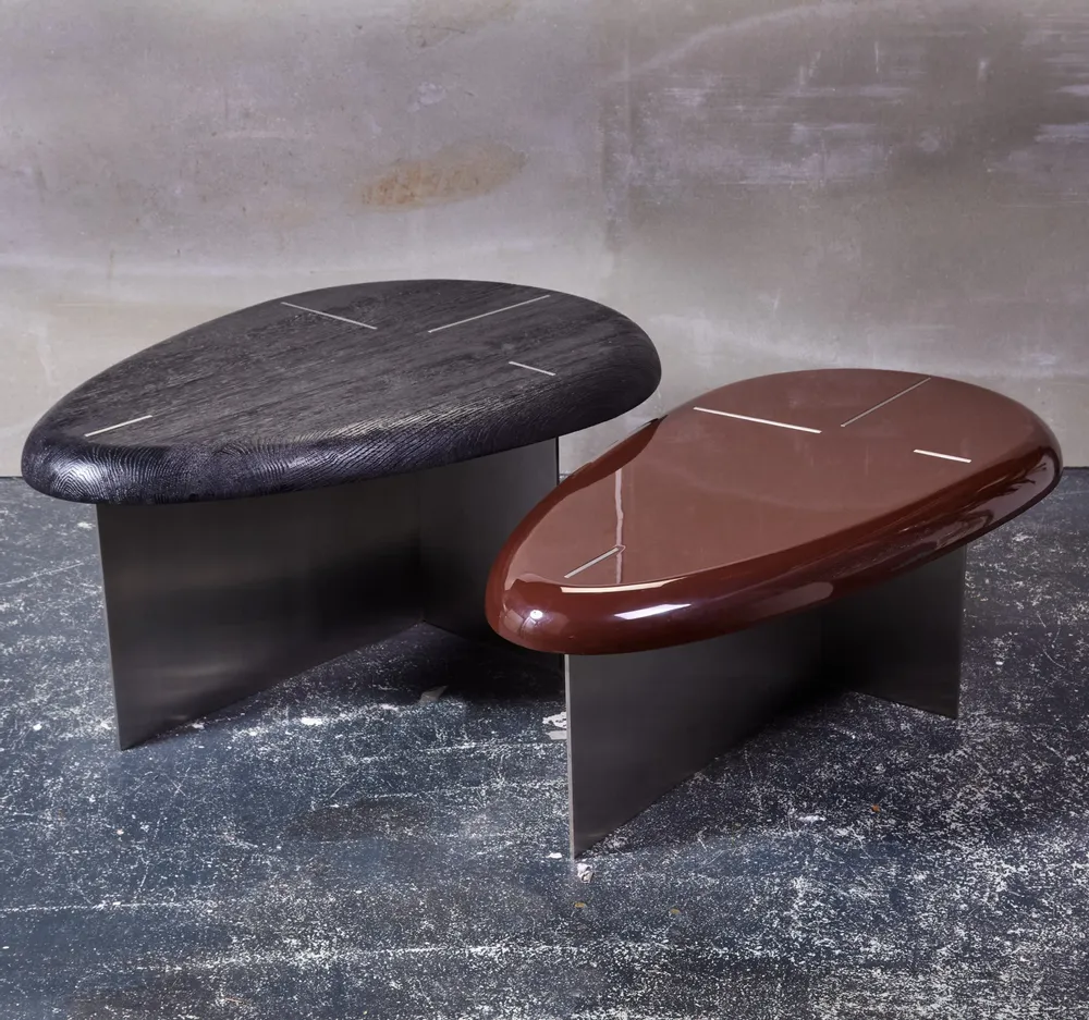 Tables pour hôtels - MASK Table Basse ovale S bois laqué Caramel & acier inoxidable brossé - DUISTT