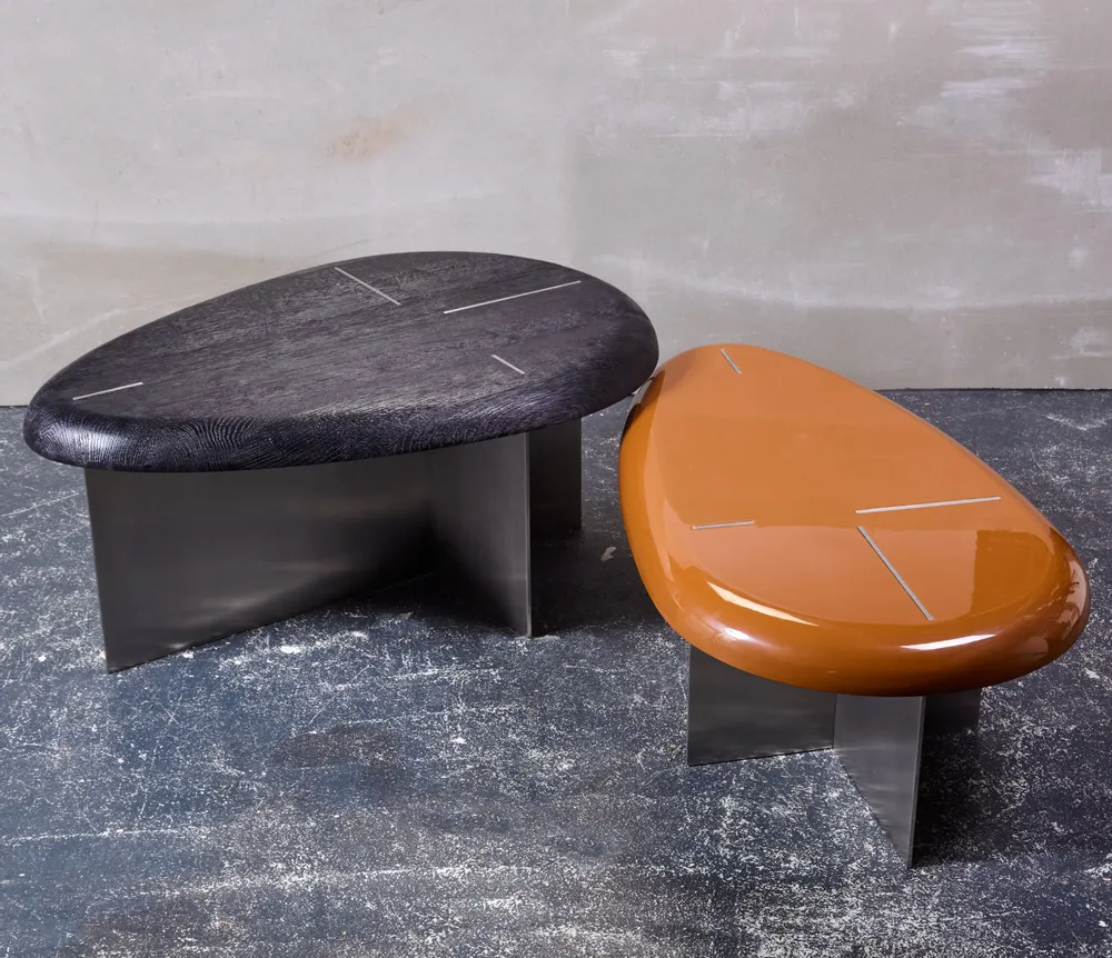 Tables pour hôtels - MASK Table Basse ovale S bois laqué Caramel & acier inoxidable brossé - DUISTT