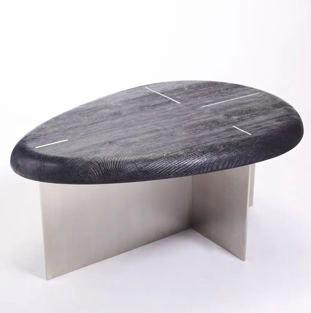 Tables pour hôtels - MASK Table Basse Ovale L Bois Sablé noir, pied Acier Inoxidable Brossé - DUISTT