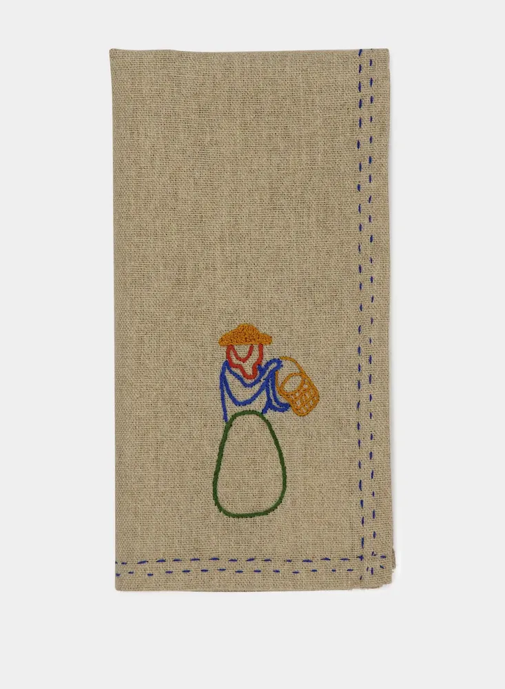 Table linen - HAND-EMBROIDERED COMPORTA THE FRUIT PICKER BEIGE LINEN WITH MULTICOLOR - HOUSE OF CAPRICORN