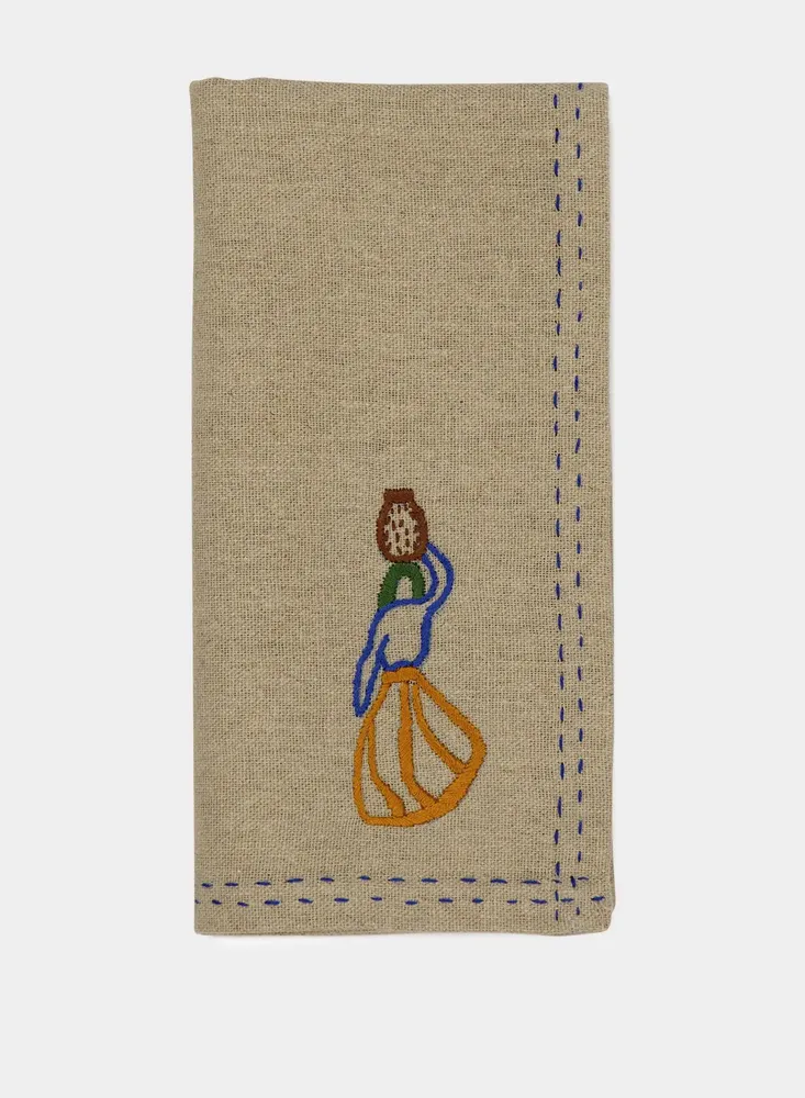 Linge de table textile - HAND-EMBROIDERED COMPORTA THE WATER CARRIER BEIGE LINEN WITH MULTICOLO - HOUSE OF CAPRICORN