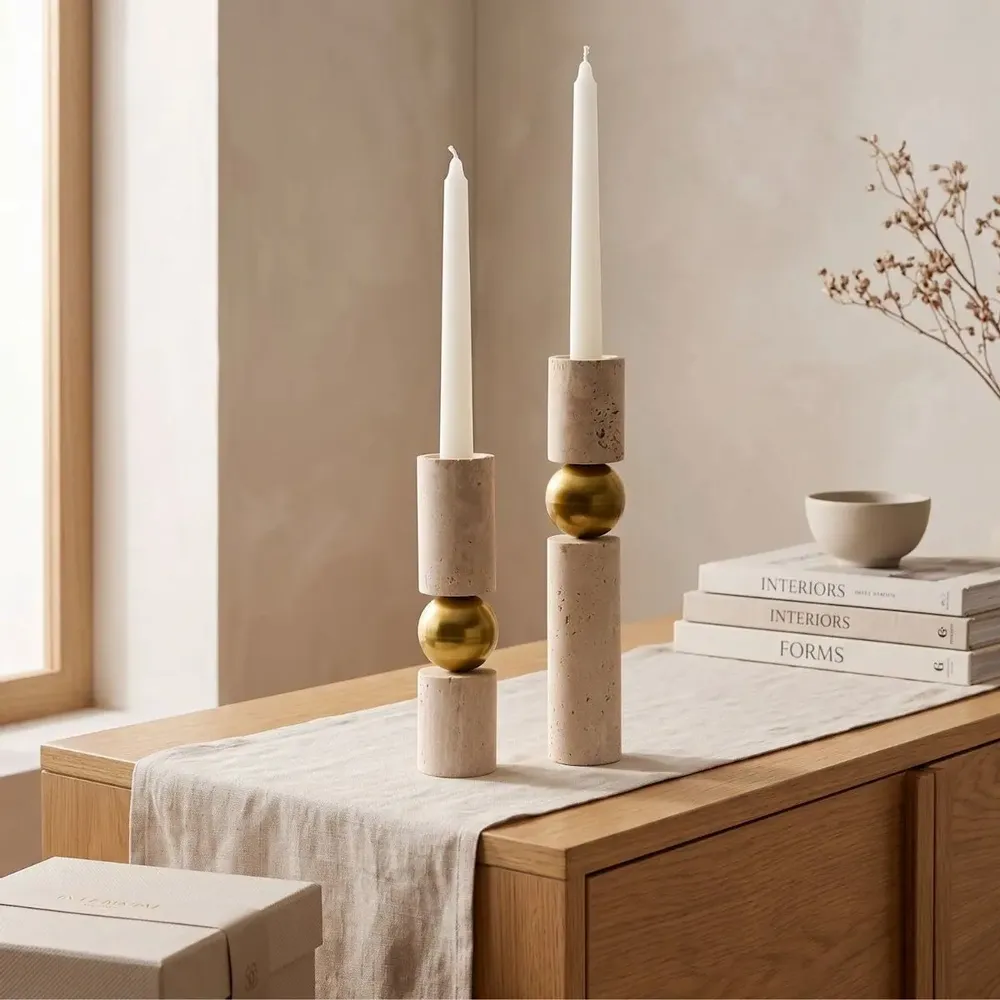 Candlesticks and candle holders - Handcrafted Travertine Brass Candle Holder Set Sculptural Candlestick - BELS & PEARL