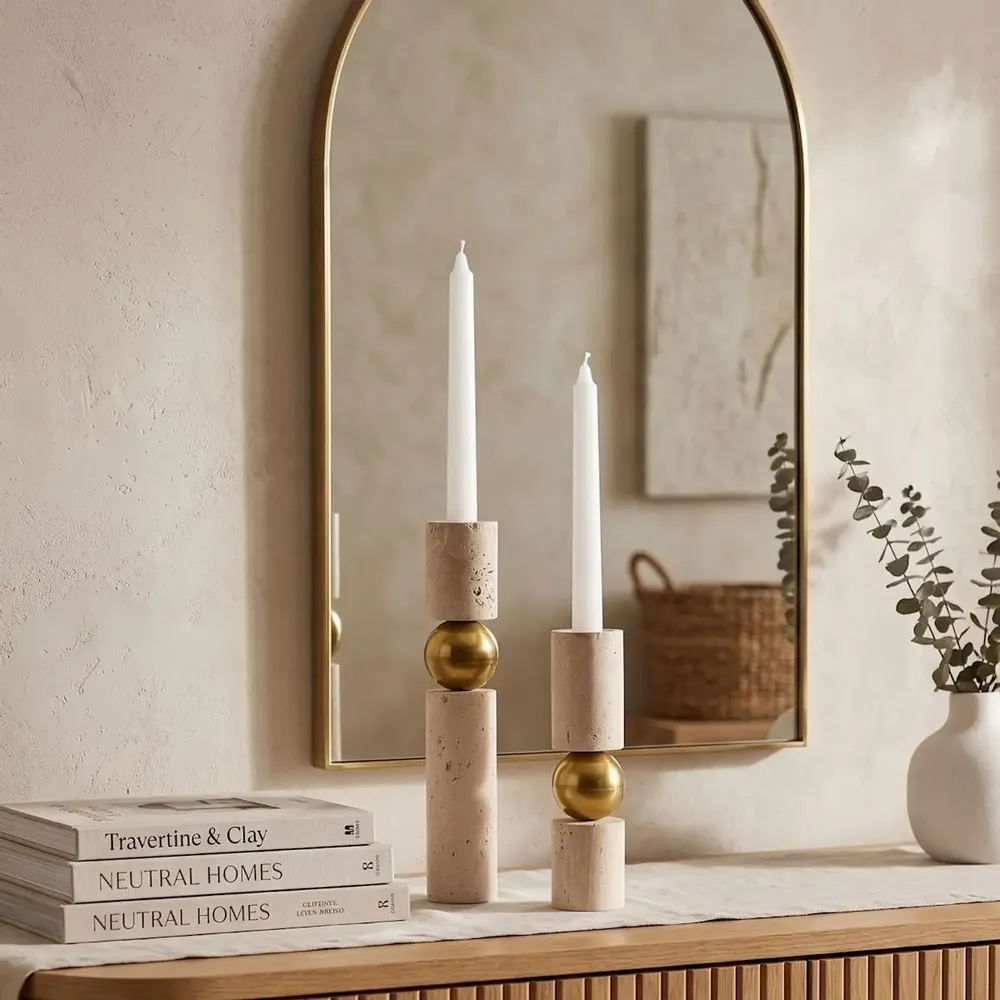 Candlesticks and candle holders - Handcrafted Travertine Brass Candle Holder Set Sculptural Candlestick - BELS & PEARL