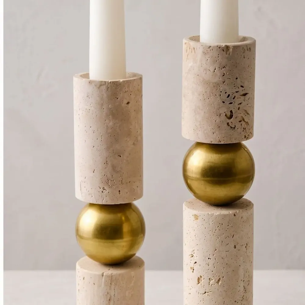 Candlesticks and candle holders - Handcrafted Travertine Brass Candle Holder Set Sculptural Candlestick - BELS & PEARL