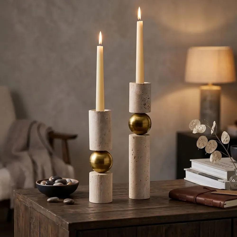 Candlesticks and candle holders - Handcrafted Travertine Brass Candle Holder Set Sculptural Candlestick - BELS & PEARL