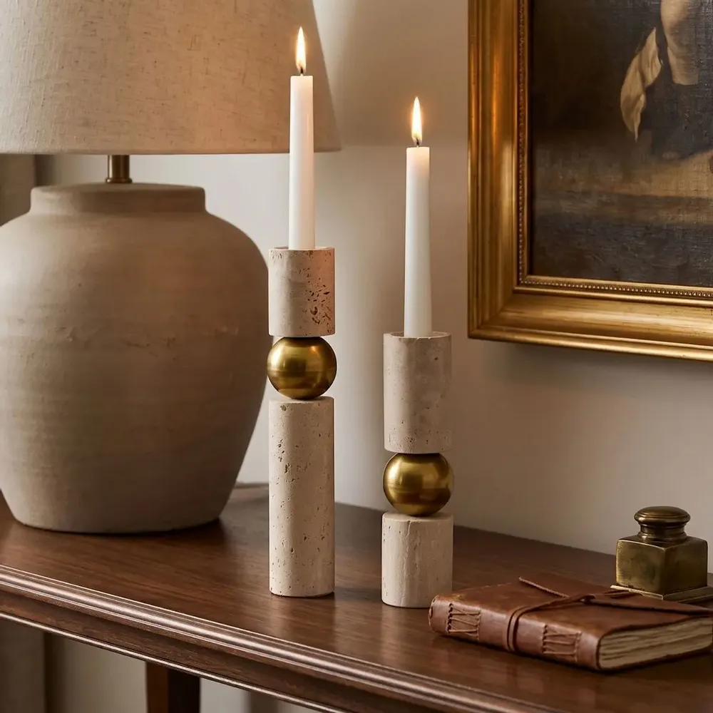 Candlesticks and candle holders - Handcrafted Travertine Brass Candle Holder Set Sculptural Candlestick - BELS & PEARL