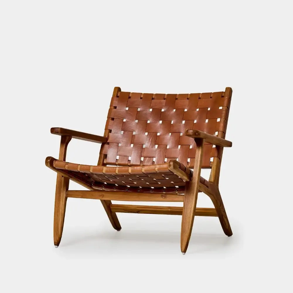 Armchairs - Vana armchair in solid teak and brown woven leather - DESIGN TRIP