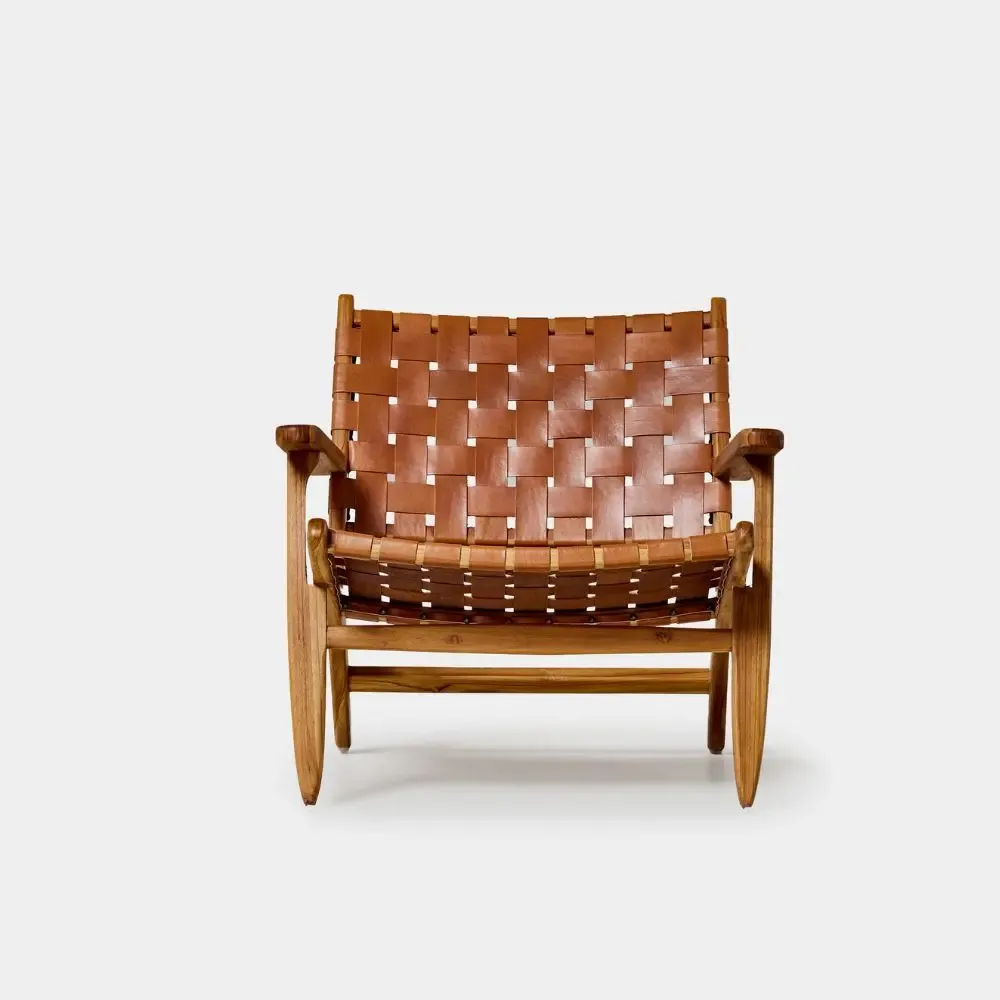 Armchairs - Vana armchair in solid teak and brown woven leather - DESIGN TRIP