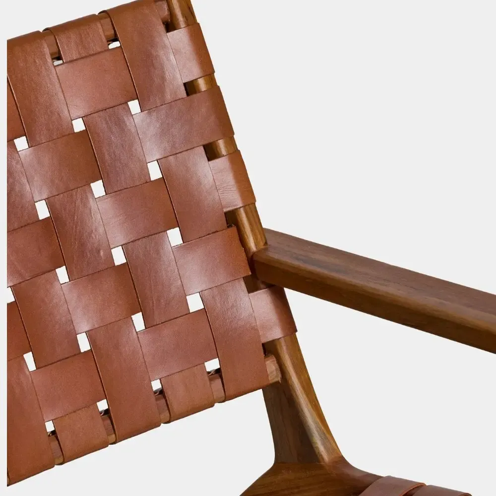 Armchairs - Vana armchair in solid teak and brown woven leather - DESIGN TRIP