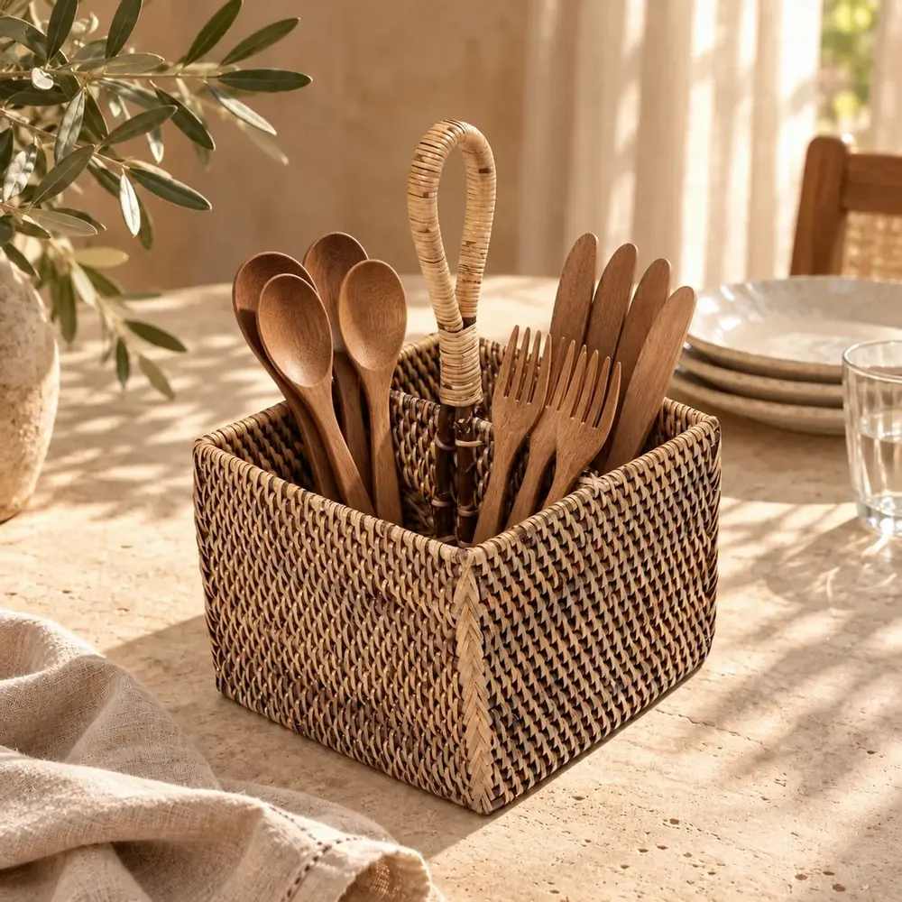 Storage boxes - The Rattan Cutlery Caddy N°2 - Natural Brown - BAZAR BIZAR LIVING