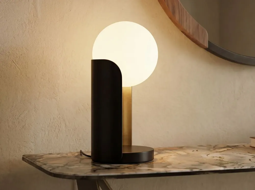 Table lamps - White glass and black steel table lamp with porcelain marble base - ANGEL CERDÁ
