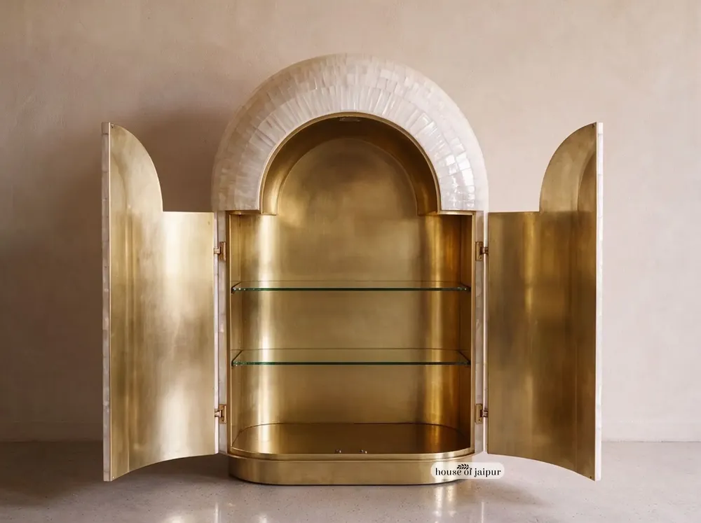 Armoires - Arcana Mother-of-Pearl and Brass Sculptural Bar Cabinet - HOUSE OF JAIPUR