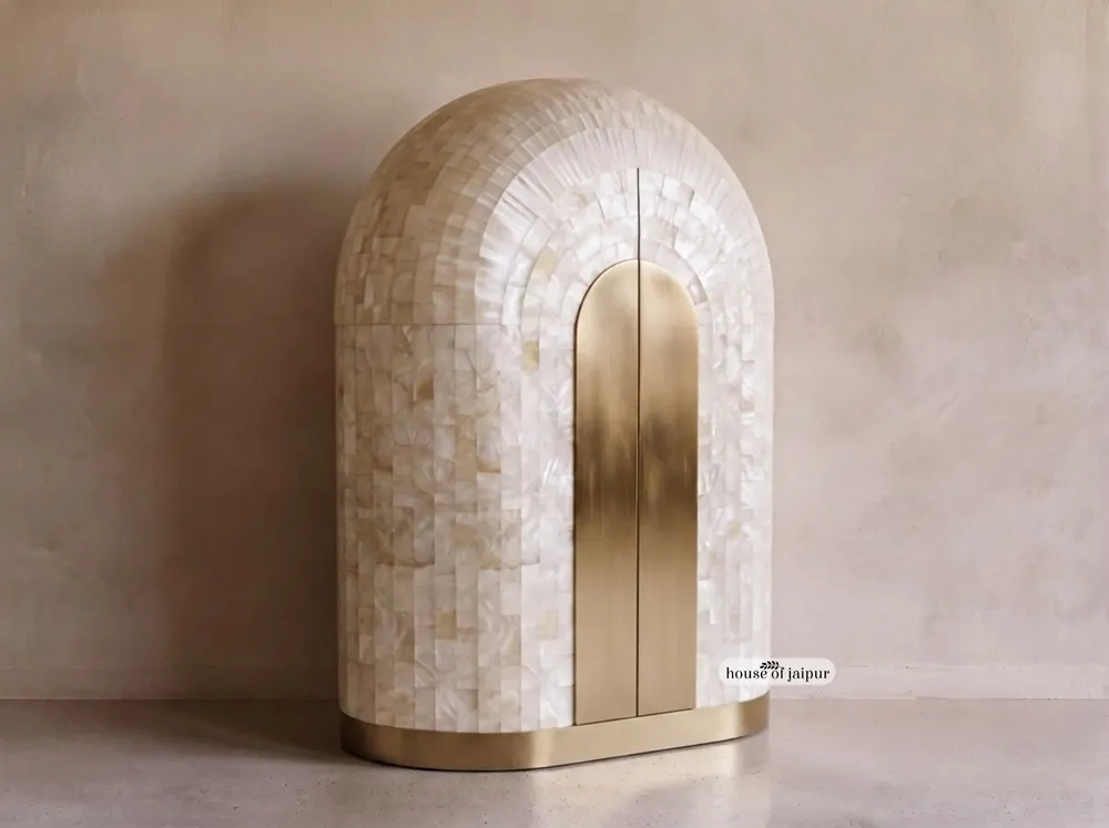 Armoires - Arcana Mother-of-Pearl and Brass Sculptural Bar Cabinet - HOUSE OF JAIPUR