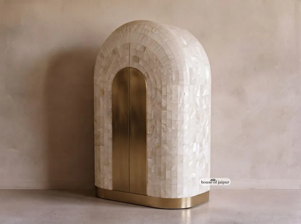 Armoires - Arcana Mother-of-Pearl and Brass Sculptural Bar Cabinet - HOUSE OF JAIPUR